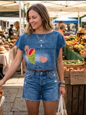 Upcycled Denim Patch Crop Top L-XL Handmade Dont Throw It Out